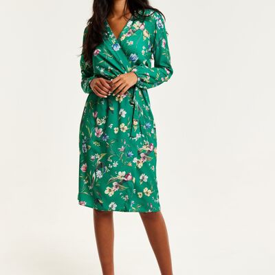 Liquorish - Robe portefeuille mi-longue verte à imprimé floral