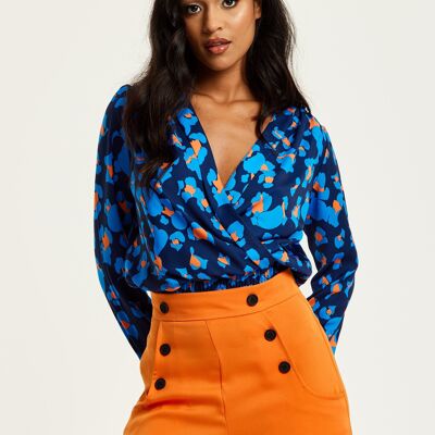 Liquorish Abstract Print Wrap Top In Pink Orange And Blue
