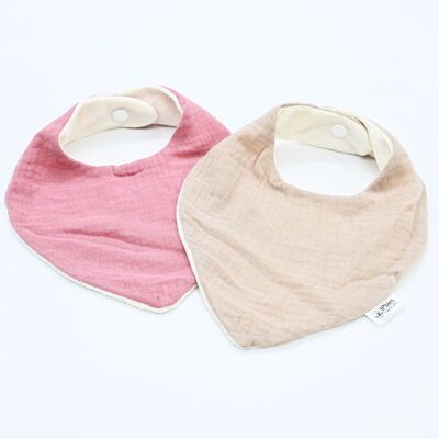 Set of 2 bandana bibs, ideal for saliva and teething - Cotton and bamboo gas - Linen and pink