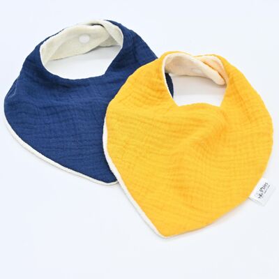 Set of 2 bandana bibs, ideal for saliva and teething - Cotton gas and bamboo - Mustard and Midnight blue