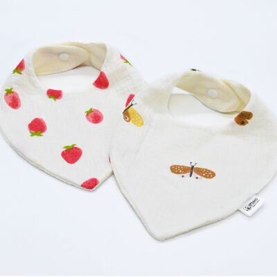 Set of 2 bandana bibs, ideal for saliva and teething - Cotton and bamboo gas - Strawberry and Butterflies