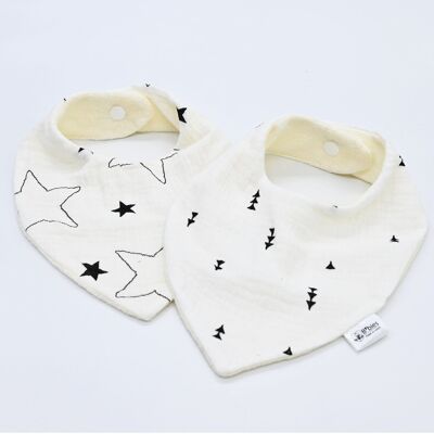 Set of 2 bandana bibs, ideal for saliva and teething - Cotton and bamboo gas - Stars and fir trees