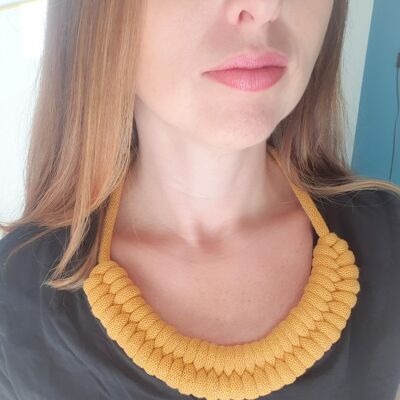 Thick knotted cotton rope necklace bib, costume jewelry, trendy gift idea fall 2023 macramé handmade mustard yellow sailor knot