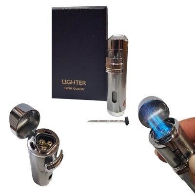 011-S 3 Torch Cigar Lighter with bottom cigar draw tool and top cigar holder