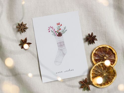 Weihnachtskarte Socke DIN A6 Postkarte "warm wishes", skandinavisches Design, Aquarellmotiv, umweltfreundlich