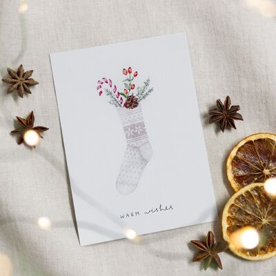 Weihnachtskarte Socke DIN A6 Postkarte "warm wishes", skandinavisches Design, Aquarellmotiv, umweltfreundlich