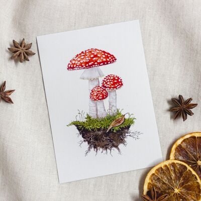 Postkarte Herbst Fliegenpilze DIN A6, Aquarellmotiv botanische Illustration, umweltfreundlich