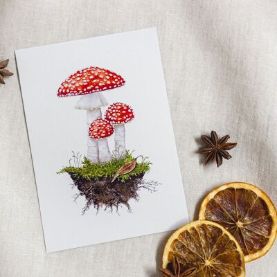 Postkarte Herbst Fliegenpilze DIN A6, Aquarellmotiv botanische Illustration, umweltfreundlich