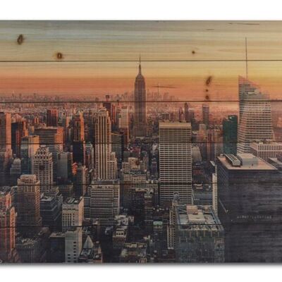 Tableau en bois New York au coucher du soleil - format panoramique 100 x 50 cm