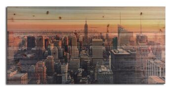 Tableau en bois New York au coucher du soleil - format panoramique 100 x 50 cm