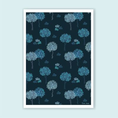A3 and A4 poster Midnight blue trees