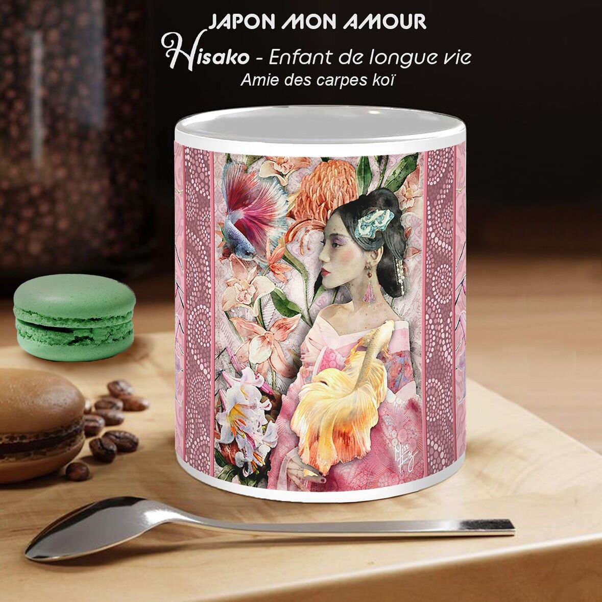 Japan-Tasse – Hisako > Kind des langen Lebens – Freundin des Koi-Karpfens