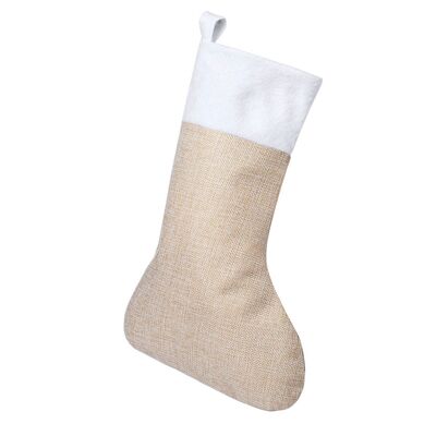 Christmas stocking in natural and white color combination. Includes ribbon for hanging.