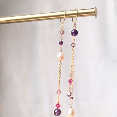 Long amethyst earrings, mismatched, pearl dangle earrings, fuchsia, rose gold earrings, glamorous earrings, gemstone earrings, mismatched earrings