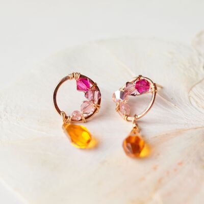 Autumn Equinox hoop earrings with orange, fuchsia and pink Swarovski crystals Dangling earrings with wire, 14 carat rose gold filled