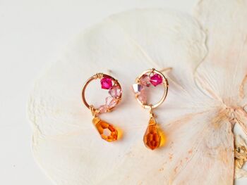 Boucles d'oreilles créoles Equinoxe d'automne avec cristaux Swarovski orange, fuchsia et roses Boucles d'oreilles pendantes avec fil, gold filled rose 14 carats 4