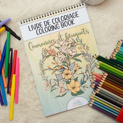 Libro para colorear para adultos Ramos y coronas de flores.