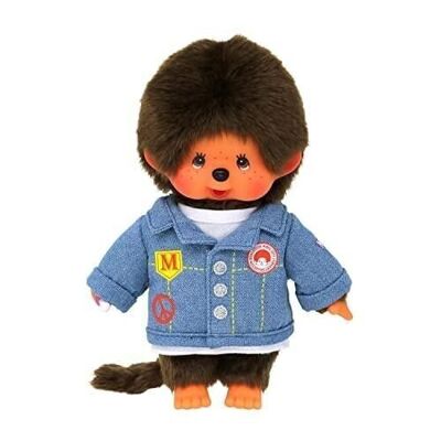Bandai - Monchhichi - Monchhichi denim jacket plush toy - Iconic plush toy from the 80s - Very soft 20 cm plush toy for children and adults - Ref: SE23396