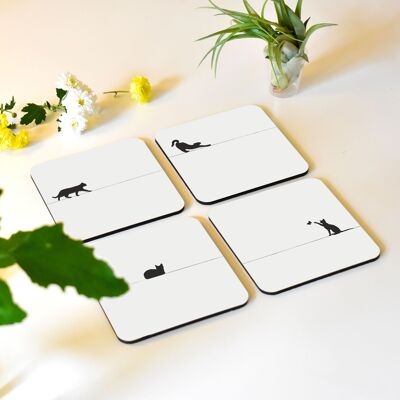 Chats Noirs - Ligne Minimaliste - Lot de 4 Dessous de Verre