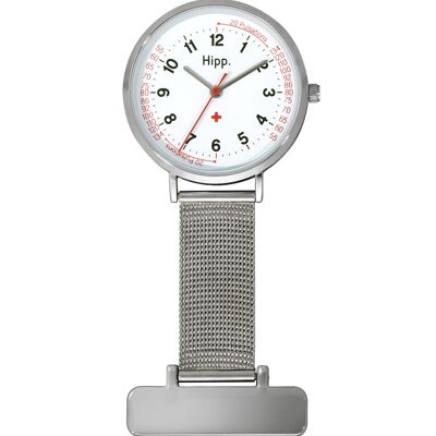 H30001 - Reloj de enfermera analógico unisex Hipp - Correa de acero milanés - Broche de metal - Indicador de pulso