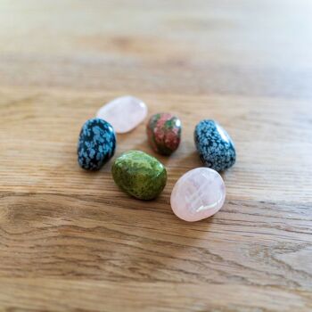 Signe du zodiaque Balance Lucky Stones Pierres de guérison avec unakite, quartz rose et obsidienne flocon de neige 3