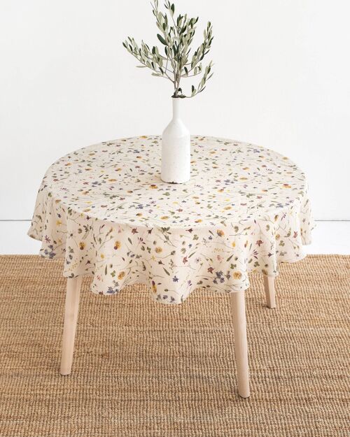 Round linen tablecloth in Botanical print