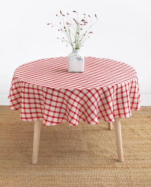 Round linen tablecloth in Gingham red