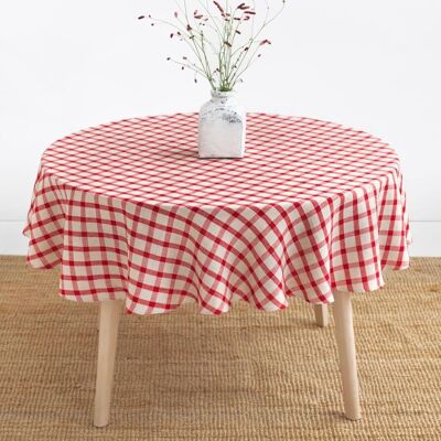 Runde Leinentischdecke in Gingham-Rot