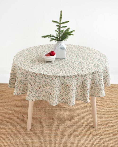 Round linen tablecloth in Mistletoe Print