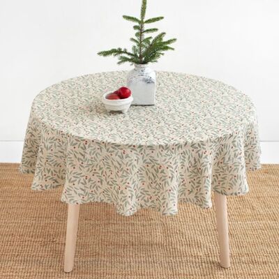 Round linen tablecloth in Mistletoe Print