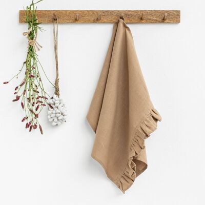 Ruffle trim linen tea towel in Latte