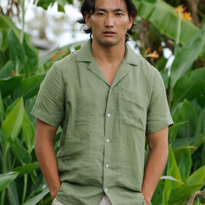 Chemise en lin légère à manches courtes pour homme HAWI en Vert forêt