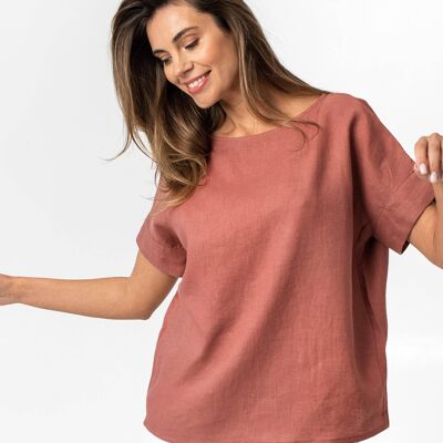 Short-sleeved linen top AMED in Clay pink