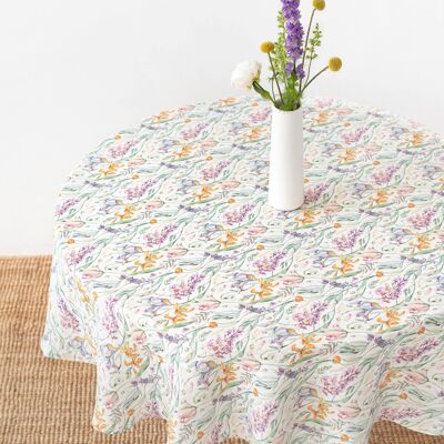 Round linen tablecloth in Blossom print