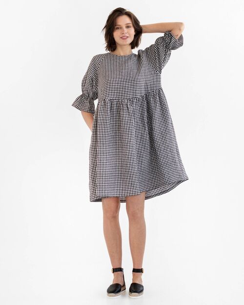 Voluminous linen dress NERJA in Black gingham