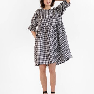 Voluminous linen dress NERJA in Black gingham