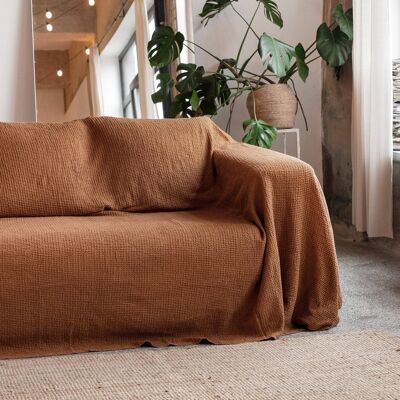 Waffle linen couch cover in Cinnamon