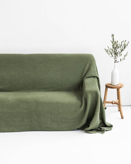 Waffle linen couch cover in Forest green