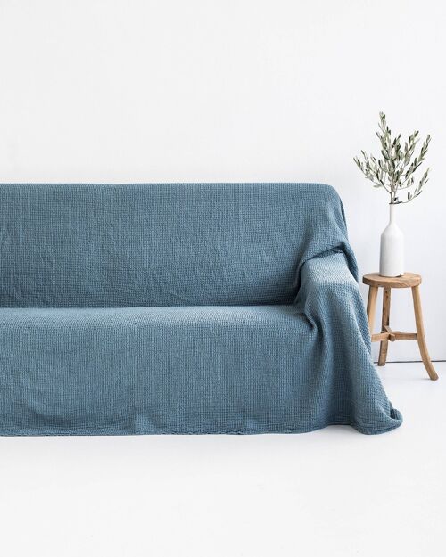 Waffle linen couch cover in Gray blue