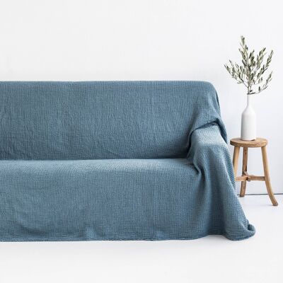 Waffle linen couch cover in Gray blue