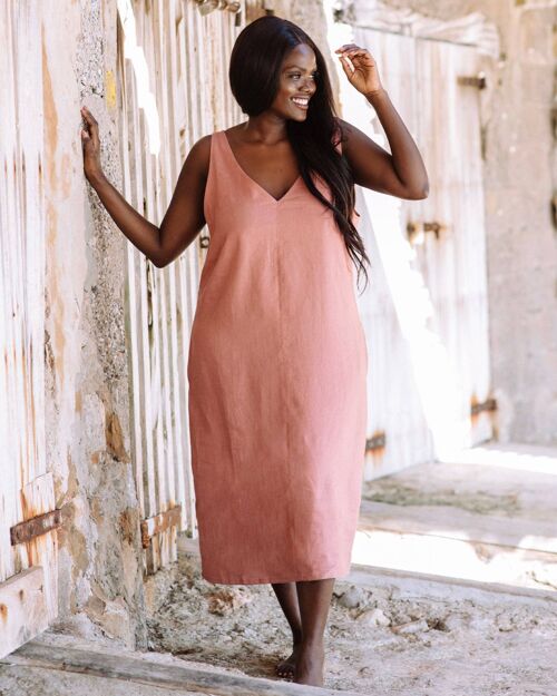 Cut-out linen dress TAHITI in Clay pink