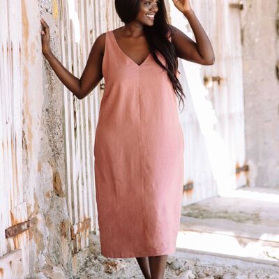 Cut-out linen dress TAHITI in Clay pink