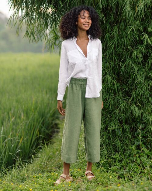 Knee-length linen culottes pants BRUNY in Forest green