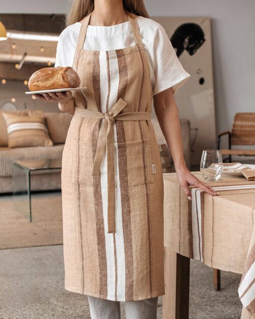 Linen bib apron in French stripe