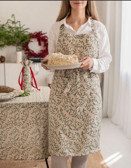 Linen bib apron in mistletoe print