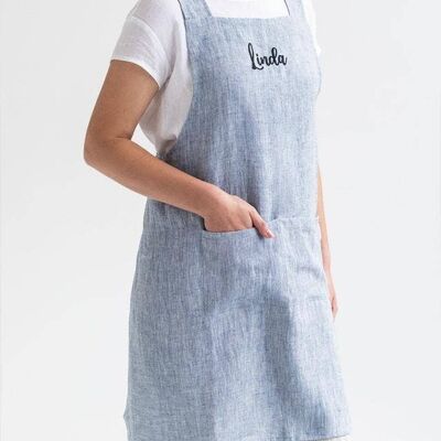 Embroidered pinafore cross-back linen apron in 8 colors