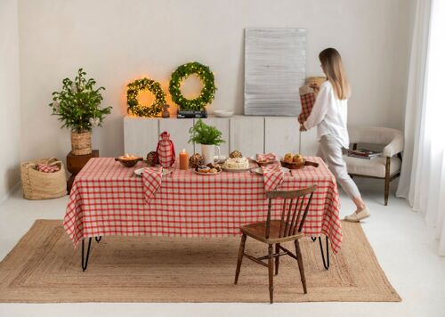 Gingham red linen tablecloth