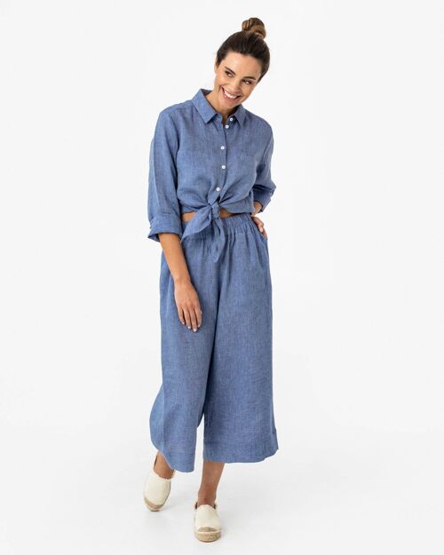 Knee-length linen culottes pants BRUNY in Denim chambray