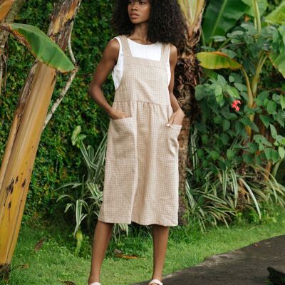 Robe en lin Pinafore ROATAN en carreaux de fenêtre marron