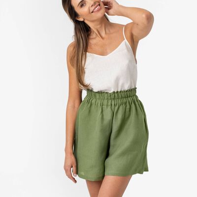 High waisted linen shorts CUENCA in Forest green